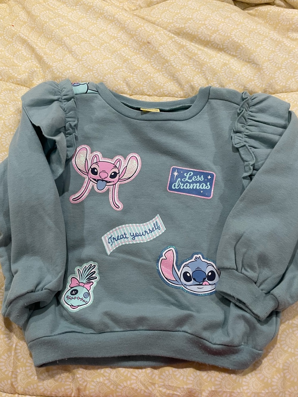 Disney Teal Ruffle-Sleeve Sweatshirt with Stitch & Pua Patches